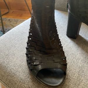 Black leather open toe bootie